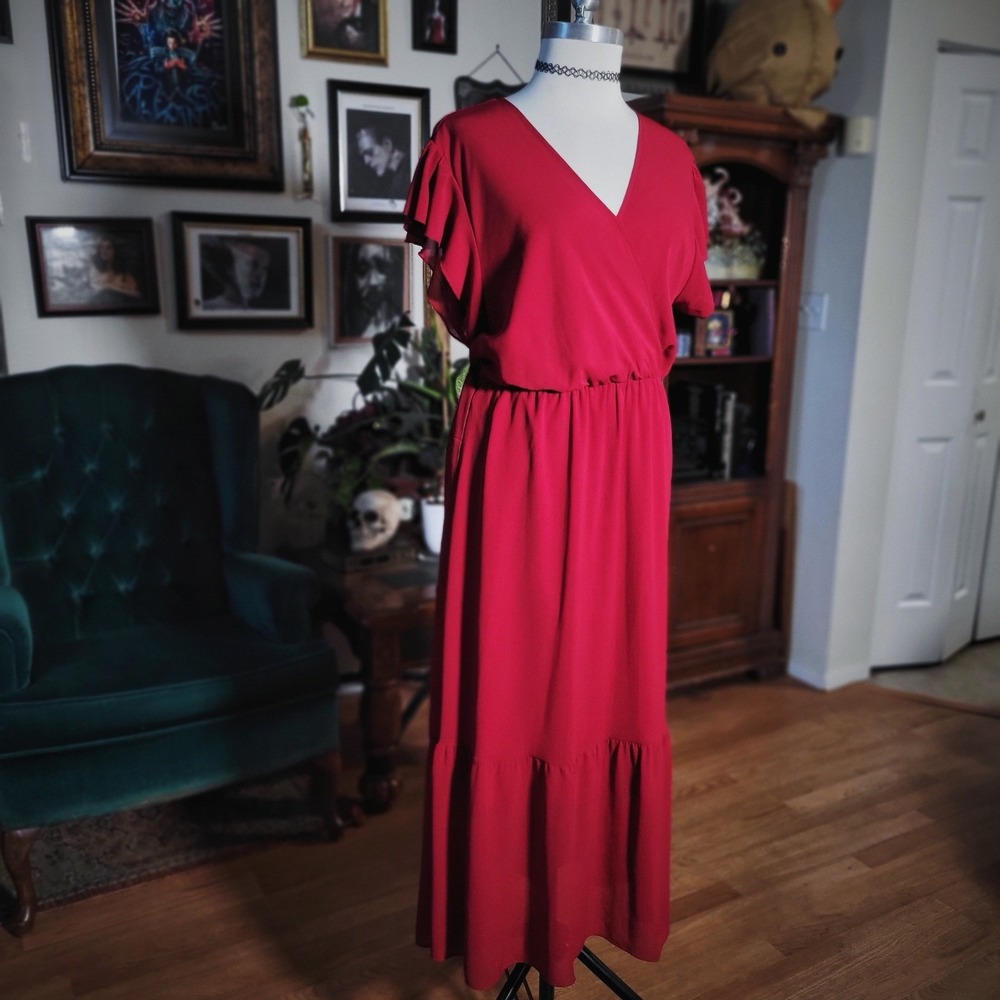 Bequemer Laden Maxi‎ Dress Red Ruffle Sleeve Faux Wrap Tiered V-Neck XL Gown